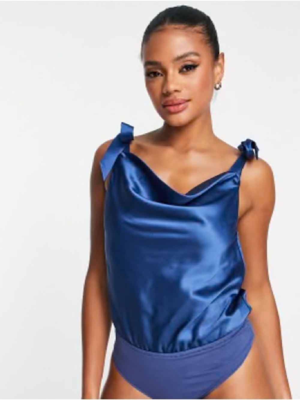 Le Lis Satin Cowl-Neck Bodysuit in Cornflower Blue medium